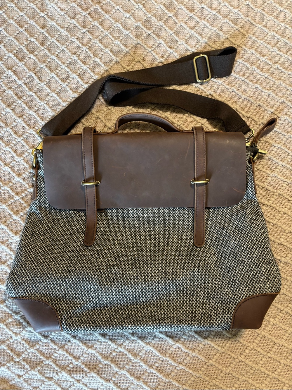 Anthropologie Jesslyn Blake Tweed Leather Messenger Tote Bag